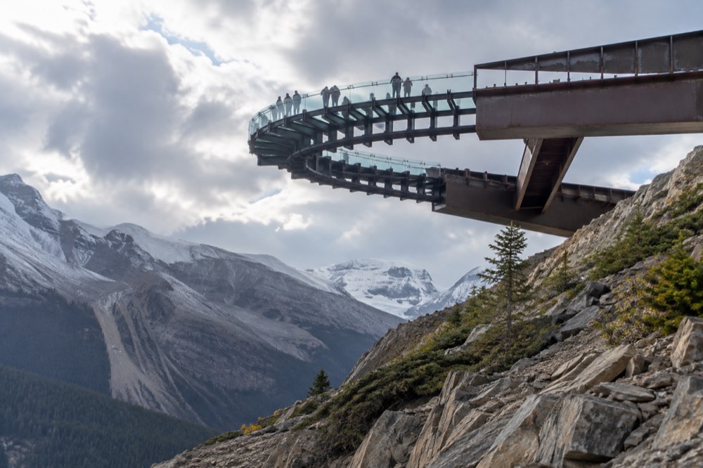 The glass-floored Columbia Icefield Skywalk curving out over the Sunwapta Valley