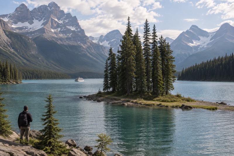 Maligne Valley category card, showing a cruise boat crossing turquoise water toward Spirit Island with forested peaks behind, the valley that six Maligne Lake and wildlife tours on this page explore.
