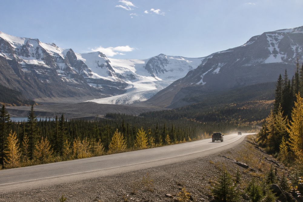 The Icefields Parkway running south along the Athabasca valley