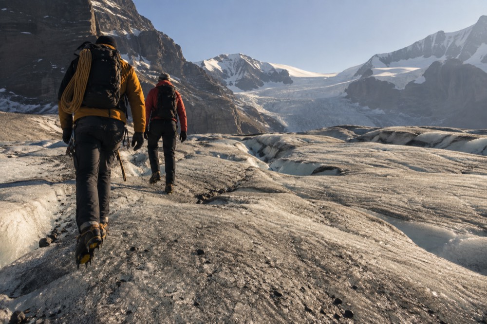 Hikers in crampons crossing the textured surface of the Athabasca Glacier