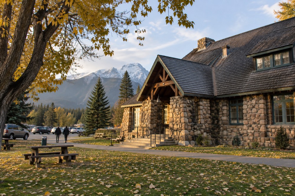 A historic stone and timber information centre building with a clock tower among evergreens