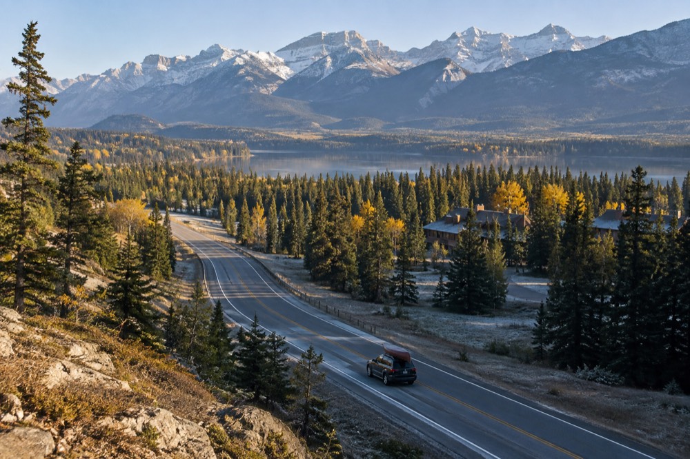 A highway winding through mountains in Jasper National Park