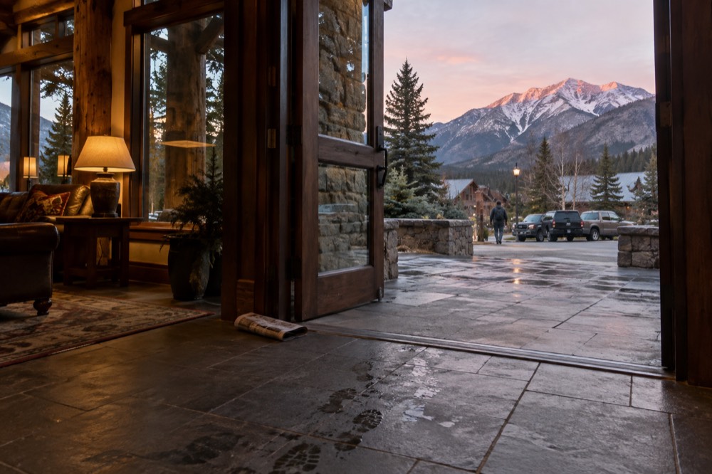 A hotel lobby entrance in a mountain town at first light