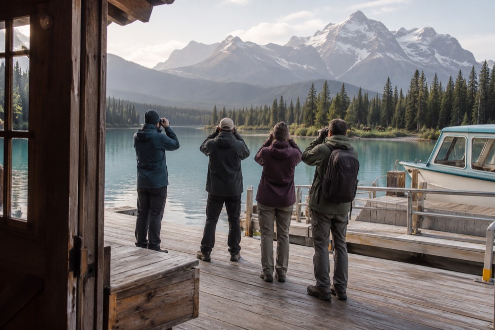 A tour group standing quietly beside a van watching distant elk through binoculars