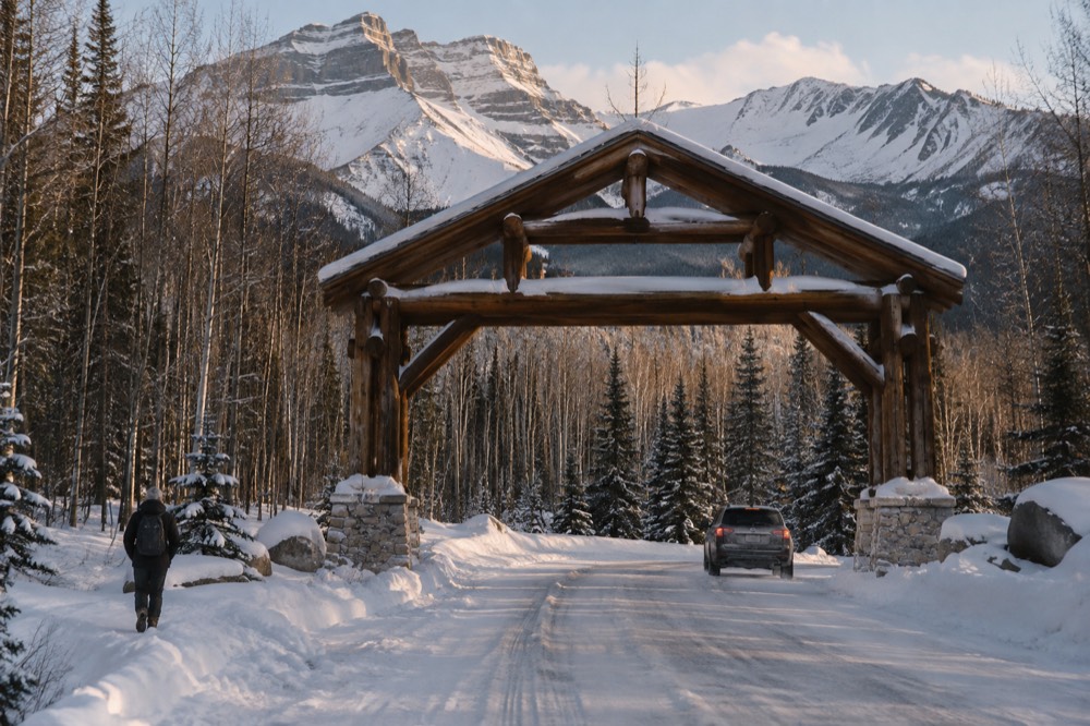 A snow-dusted park entry gate with a fee sign and winter forest behind it