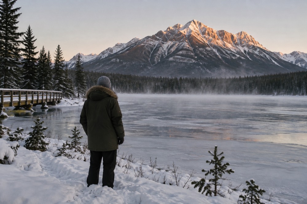 A visitor in a heavy parka and insulated boots standing in deep snow beside a frozen lake
