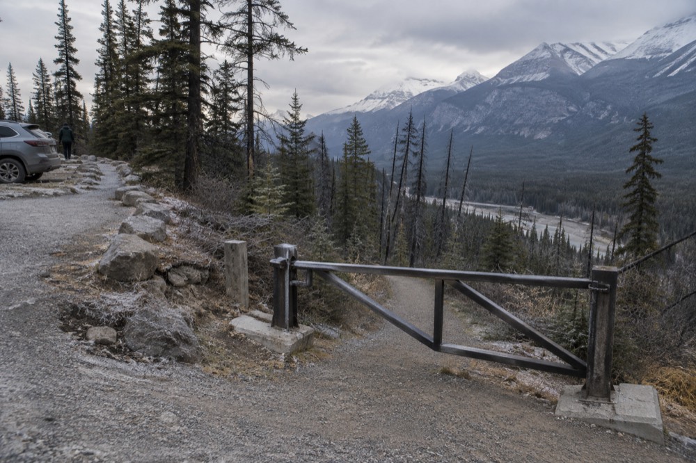A closed canyon trailhead with a locked gate and forested gorge beyond