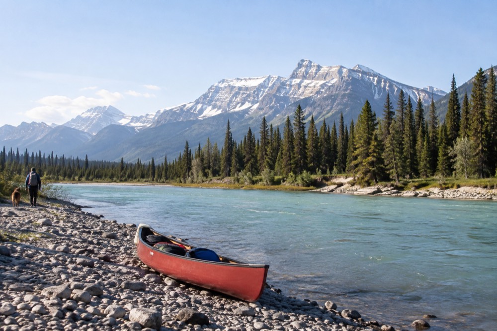Distant snow capped peak rising above a river valley lined with evergreens