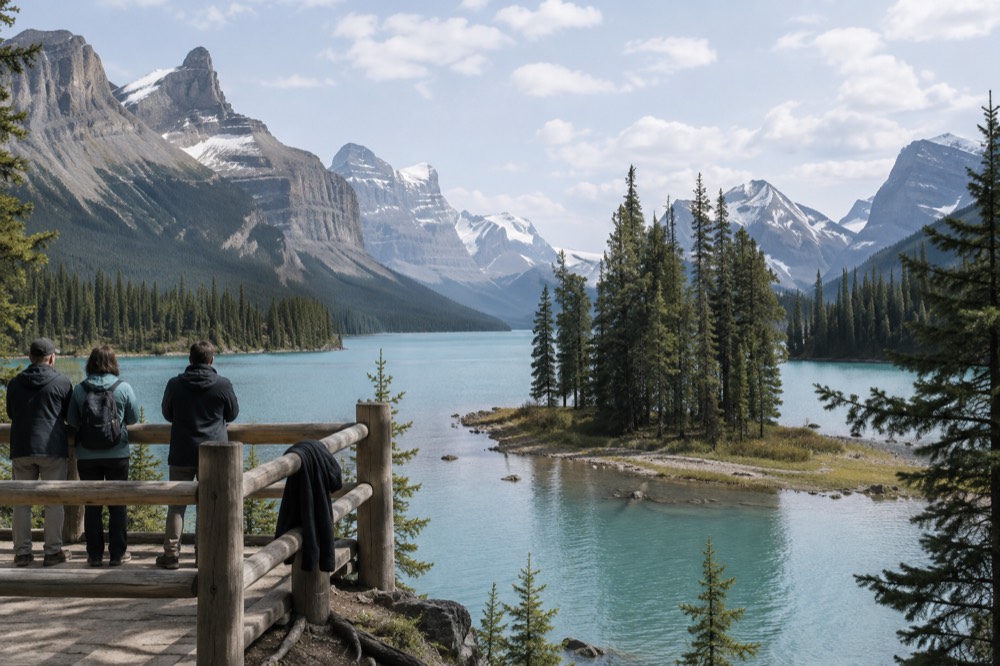A group of people standing on a wooden viewing platform looking across a narrow lake toward a small island with mountains behind