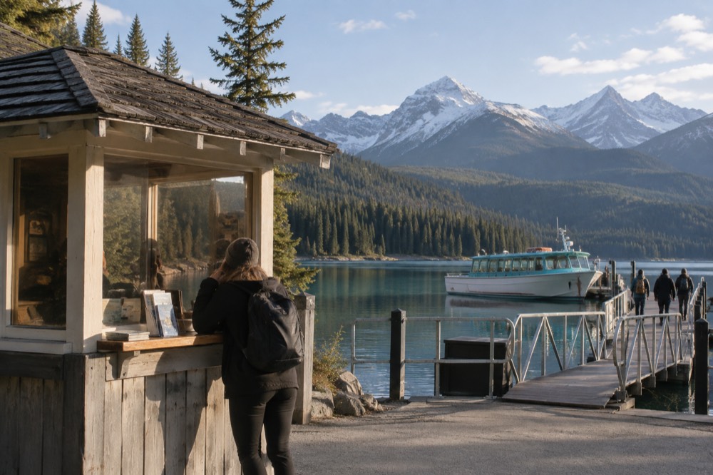 A small wooden ticket booth at the edge of a mountain lake with a tour boat visible in the background and forested mountains beyond