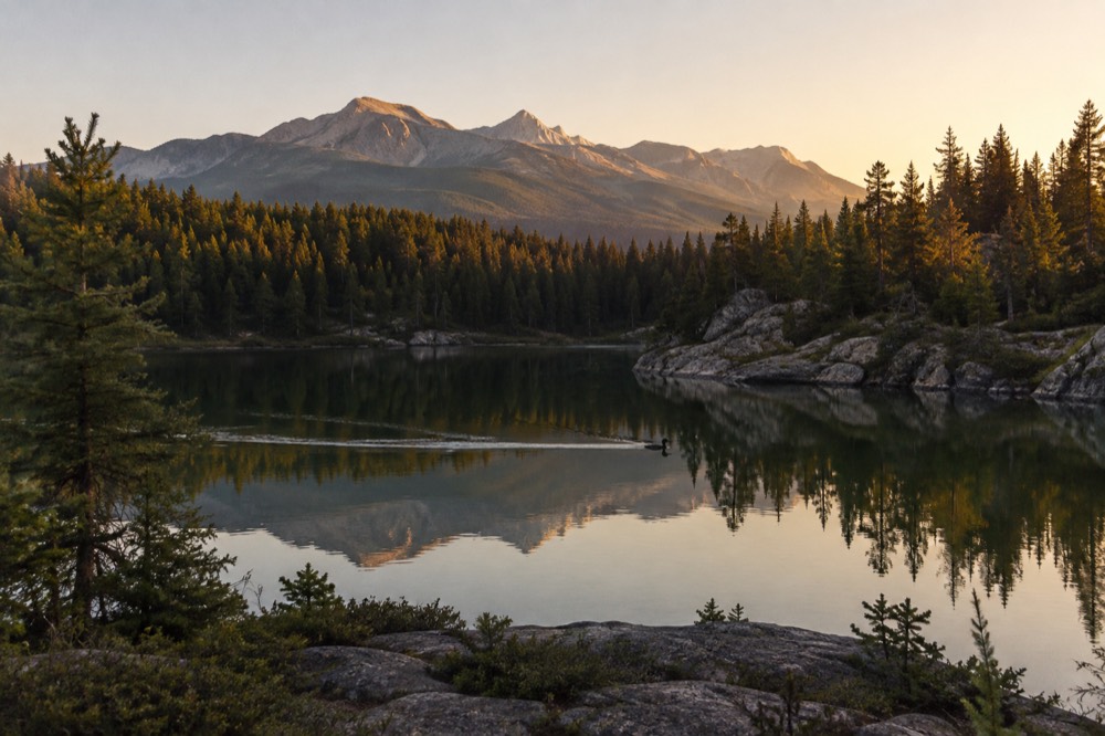 A quiet lake at golden hour with still water reflecting pines and a pale sky