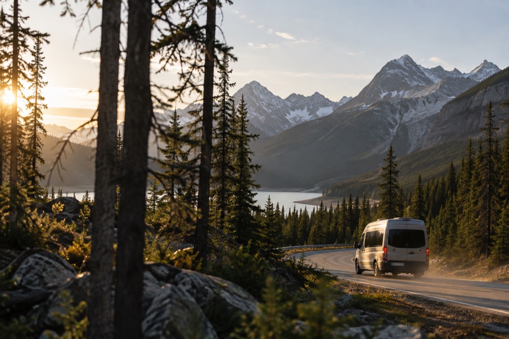 A tour van on a scenic mountain highway winding between forested slopes at golden hour